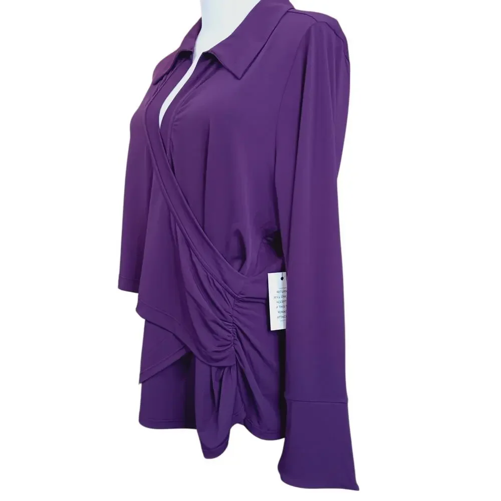 NEW ELOQUII Draped Faux Wrap Top Blouse 14/16‎ XL Stretch Purple Career Event